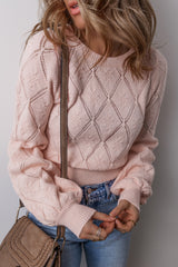 Gossamer Pink Openwork Plaid Puff Sleeve Cropped Sweater Sweaters JT's Designer Fashion