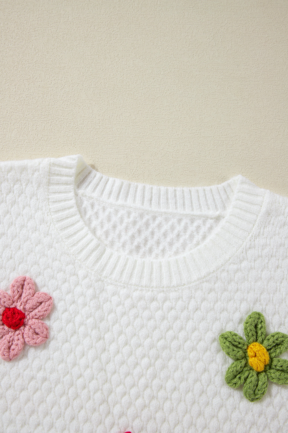 White Colorful Flower Applique Textured Knit Sweater Sweaters JT's Designer Fashion