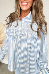 Sky Blue Stripe Shirred Detail Half Placket Collared Long Sleeve Fall Shirt Blouses & Shirts JT's Designer Fashion