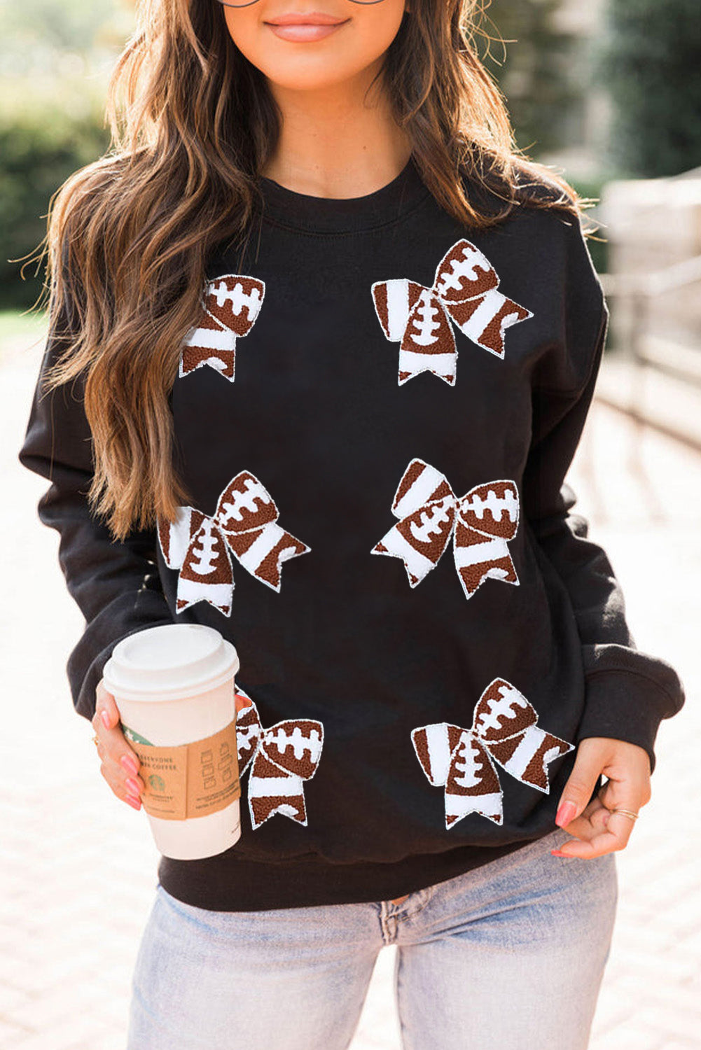 Black Rugby Football Bowknot Patched Crew Neck Game Day Sweatshirt Black 50%Polyester+50%Cotton Graphic Sweatshirts JT's Designer Fashion