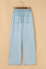 Beau Blue Light Wash Contrast Trim Center Seam Drawstring Elastic Waistband Wide Leg Denim Pants Jeans JT's Designer Fashion