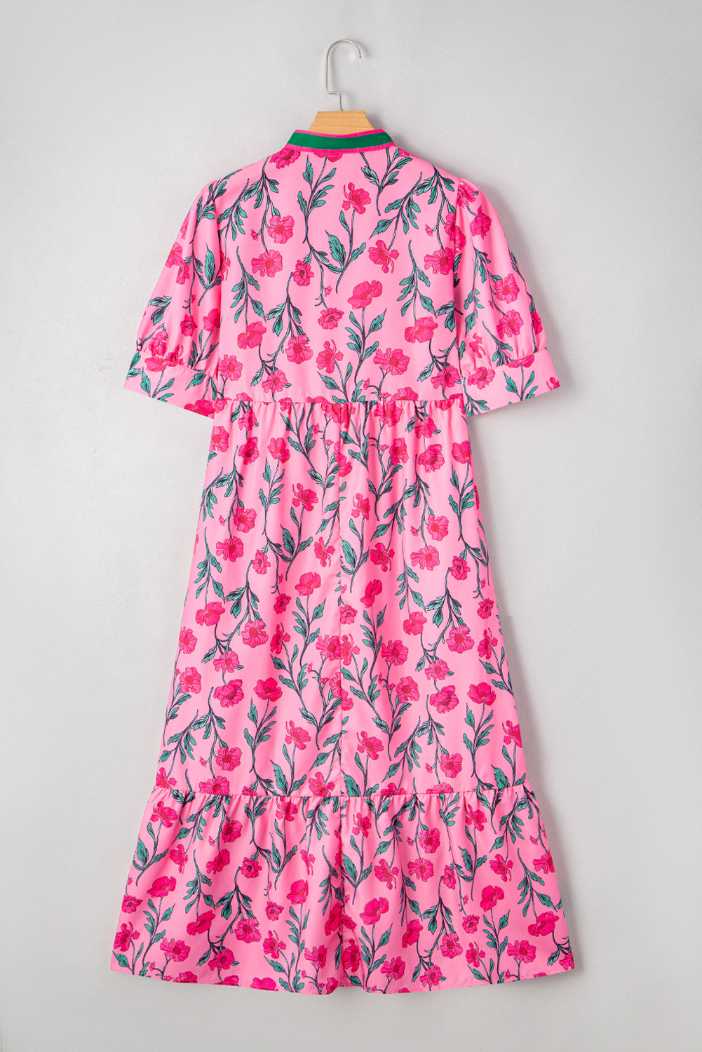 Pink Floral Contrast Neckline A-line Puff Sleeve Long Dress Maxi Dresses JT's Designer Fashion