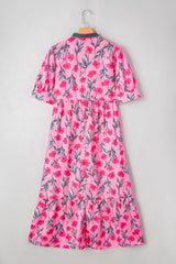 Pink Floral Contrast Neckline A-line Puff Sleeve Long Dress Maxi Dresses JT's Designer Fashion