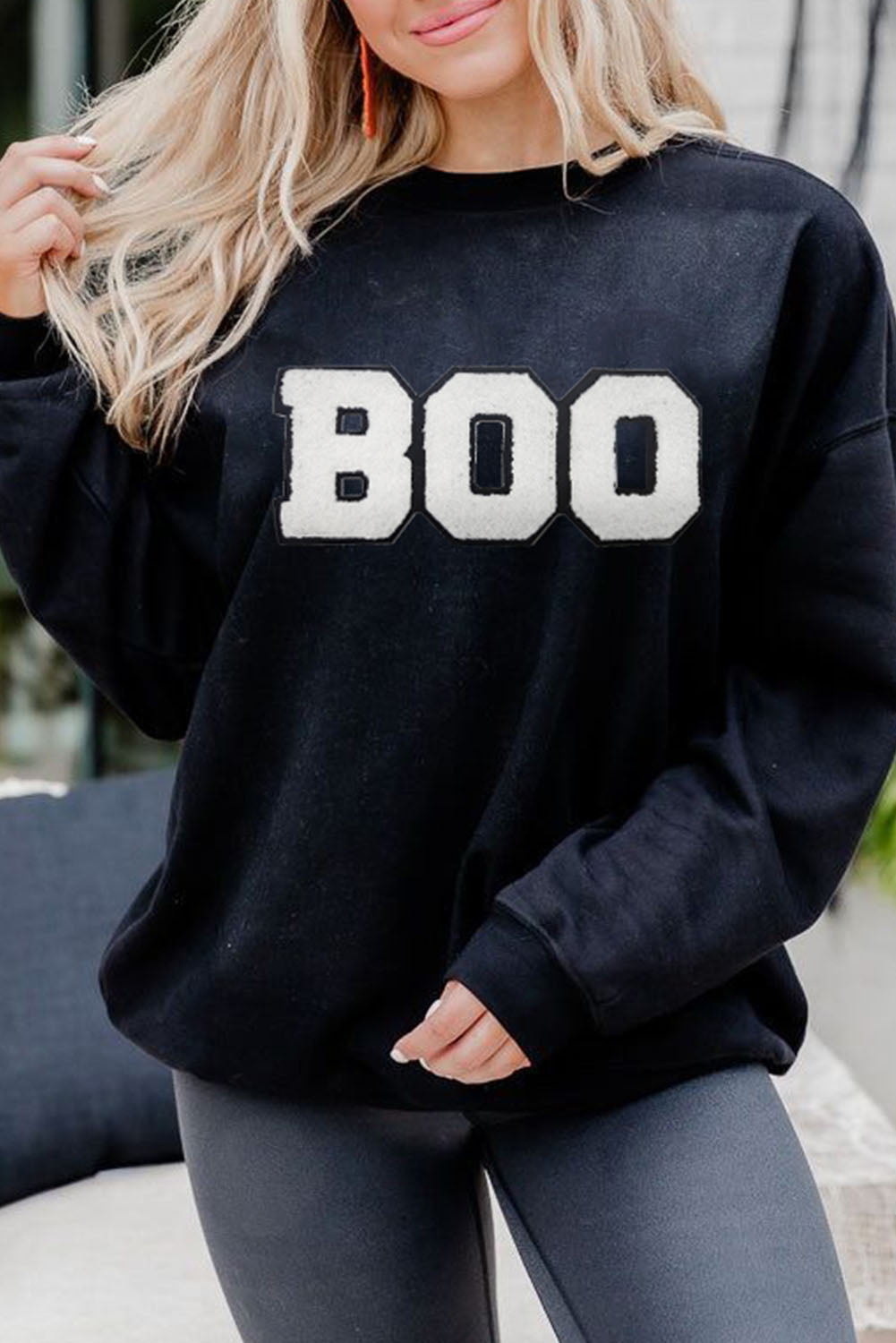 Black Chenille BOO Patched Pattern Crewneck Halloween Sweatshirt Black 50%Polyester+50%Cotton Graphic Sweatshirts JT's Designer Fashion