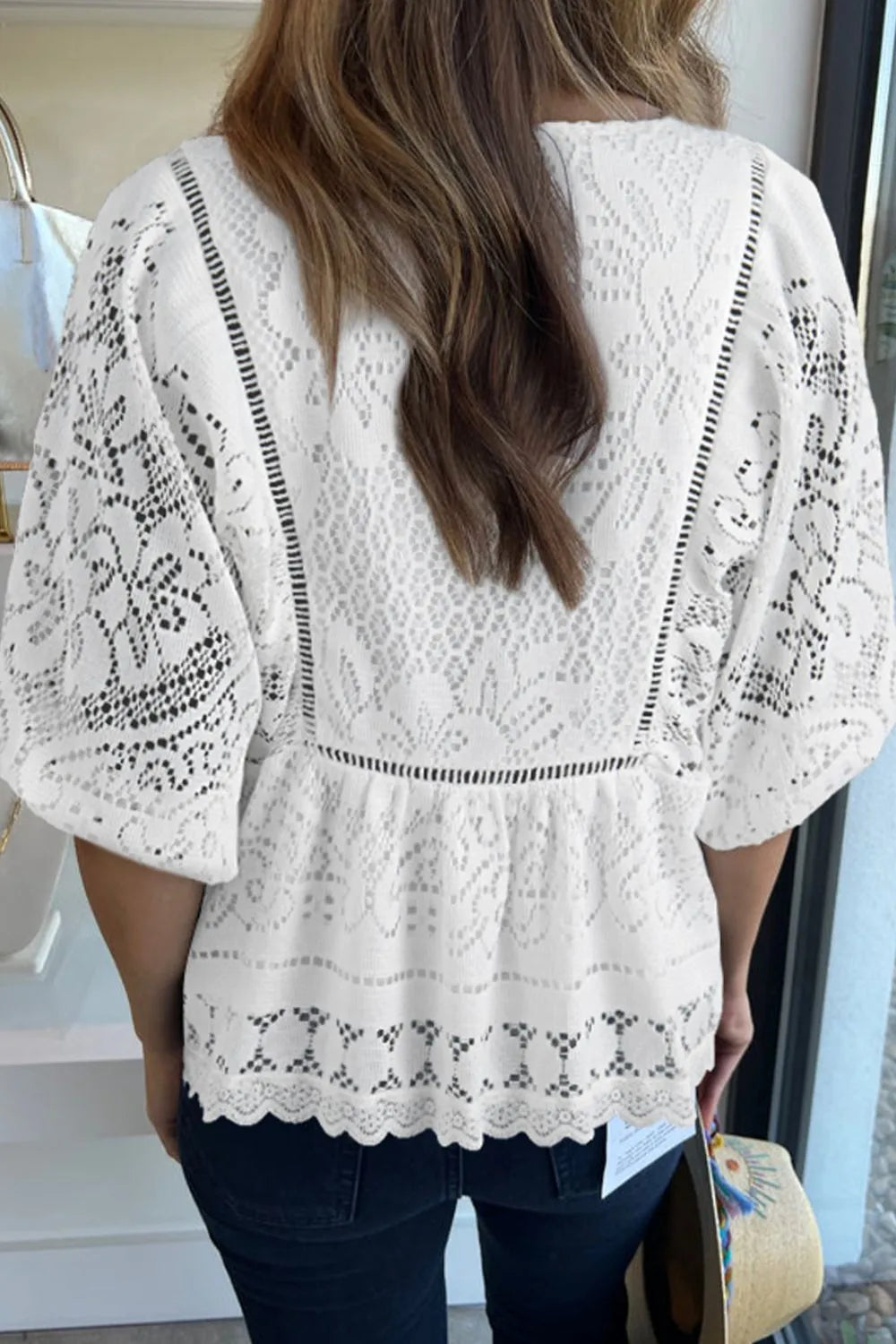 Lace Crochet Hollowed Scallop Hem V Neck Blouse Blouses & Shirts JT's Designer Fashion