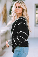 Black Colorblock Striped V Neck Knitted Loose Sweater Sweaters JT's Designer Fashion