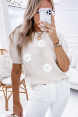 Beige Flower Pattern Short Sleeve Knit Sweater Sweaters & Cardigans JT's Designer Fashion