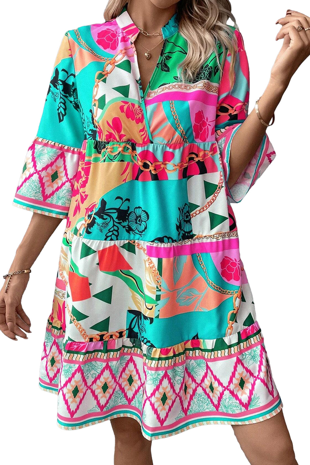 Multicolour Abstract Printed Half Sleeve Notched Neck Mini Dress Mini Dresses JT's Designer Fashion