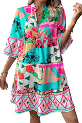 Multicolour Abstract Printed Half Sleeve Notched Neck Mini Dress Mini Dresses JT's Designer Fashion