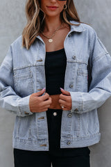 Sky Blue Stripe Washed Oversize Pocketed Denim Jacket Denim Jackets JT's Designer Fashion