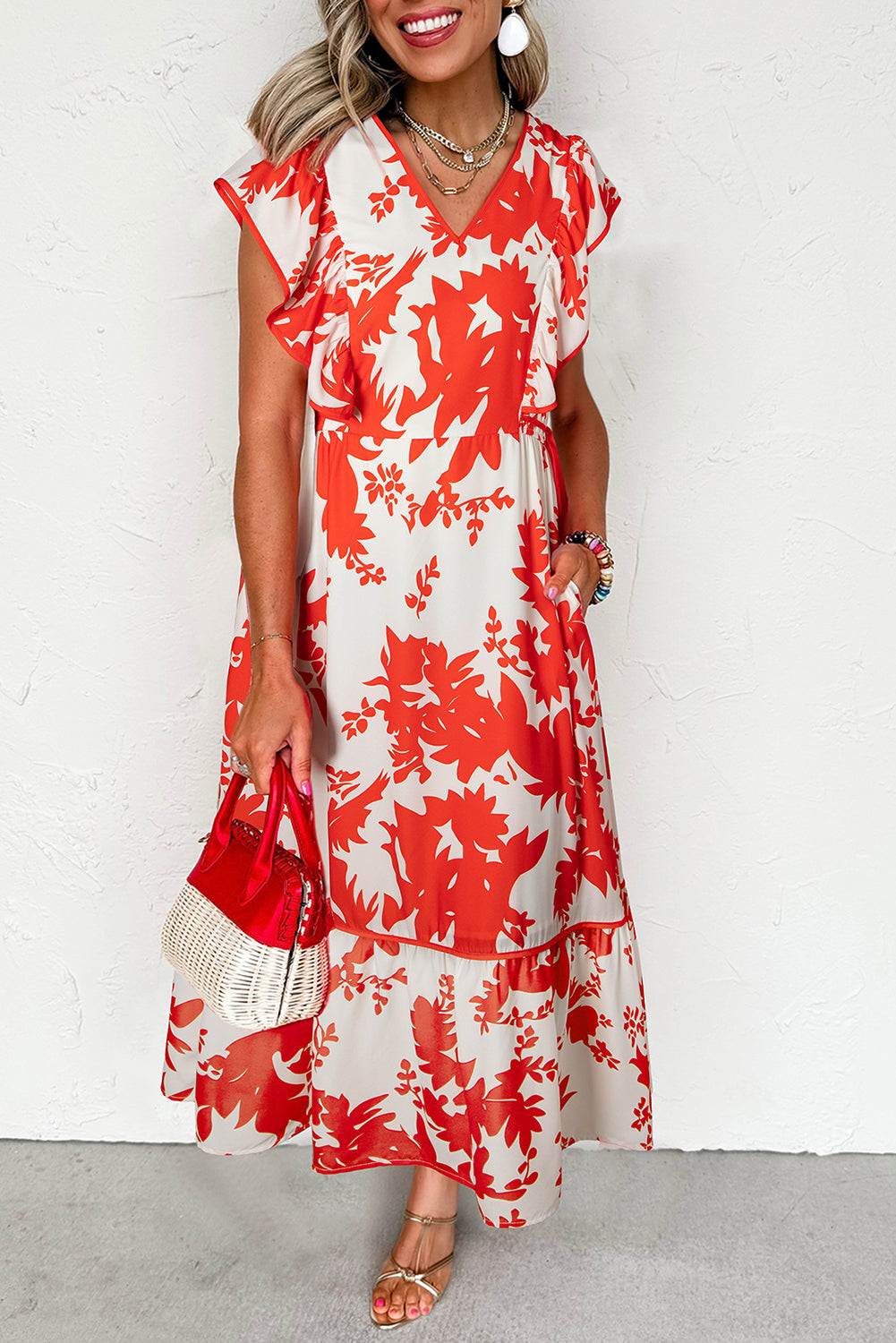 Red Floral Print Trimmed V Neck Ruffle Sleeve Long Dress Dresses JT's Designer Fashion
