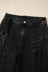 Dark Grey Pleated Wide Leg Mineral Wash Denim Pants Jeans JT's Designer Fashion