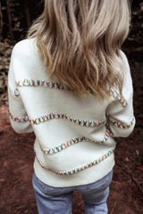 White Colorful Crossed Stitch Drop Shoulder Sweater Sweaters JT's Designer Fashion