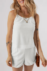White Waffle Knit Textured Spaghetti Straps Cami and Shorts Set Short Sets JT's Designer Fashion