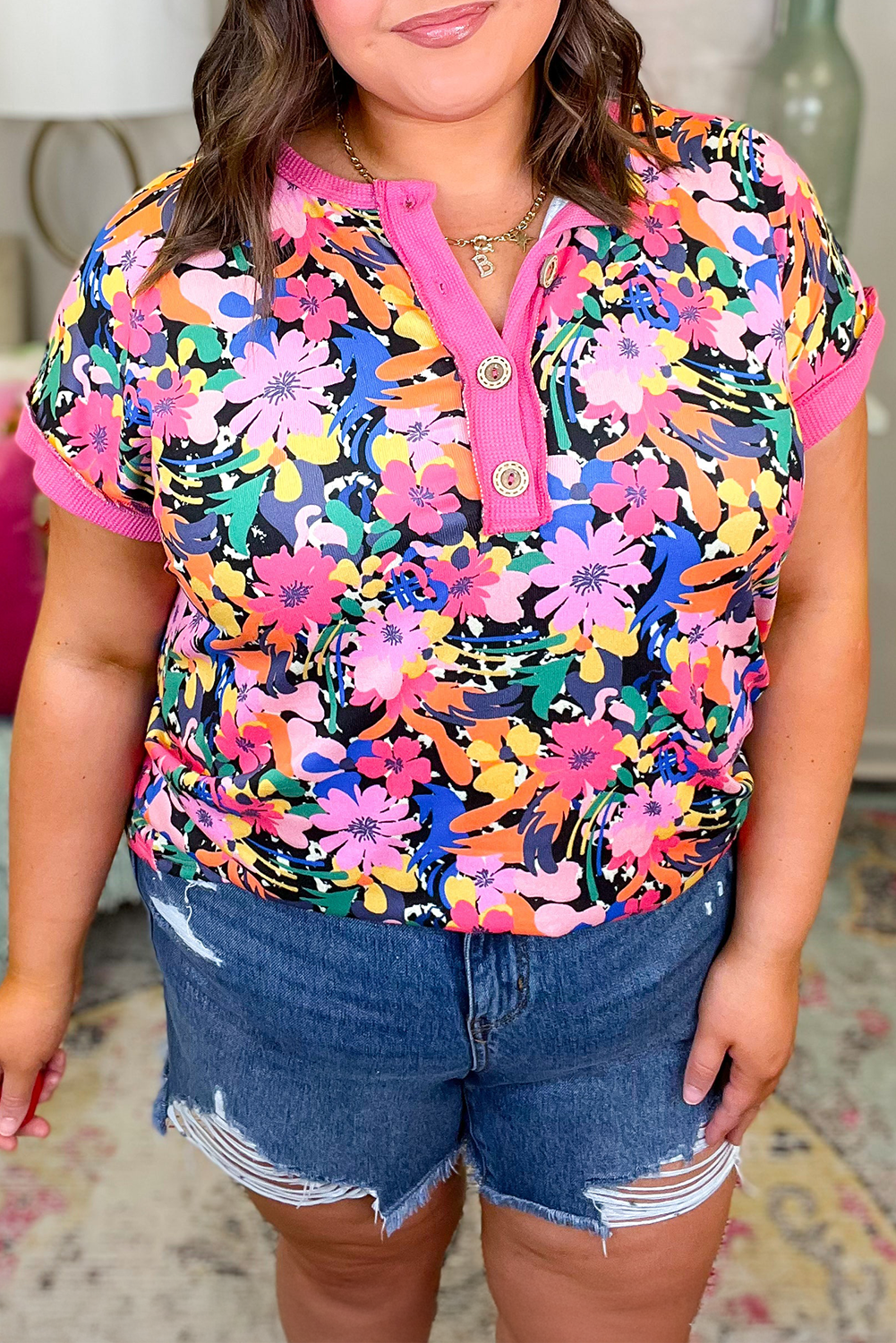 Rose Floral Short Sleeve Contrast Edge Plus Size Henley Top Rose 95%Polyester+5%Elastane Plus Size Blouses & Shirts JT's Designer Fashion