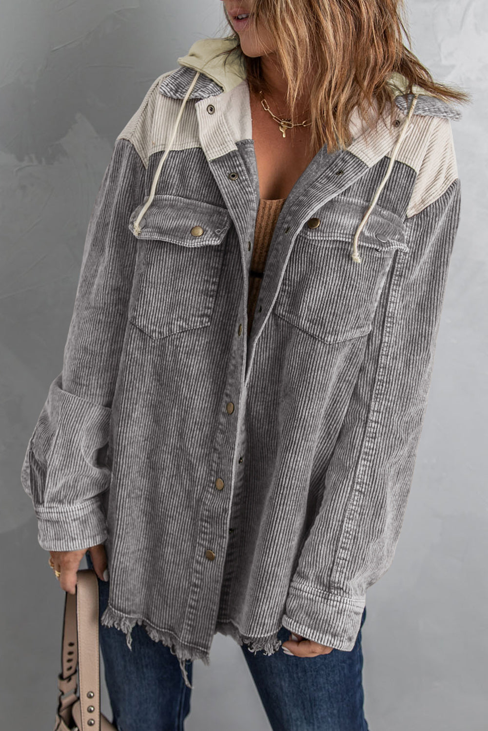 Gray Color Block Button Down Hooded Corduroy Jacket Gray-2 100%Polyester Jackets JT's Designer Fashion