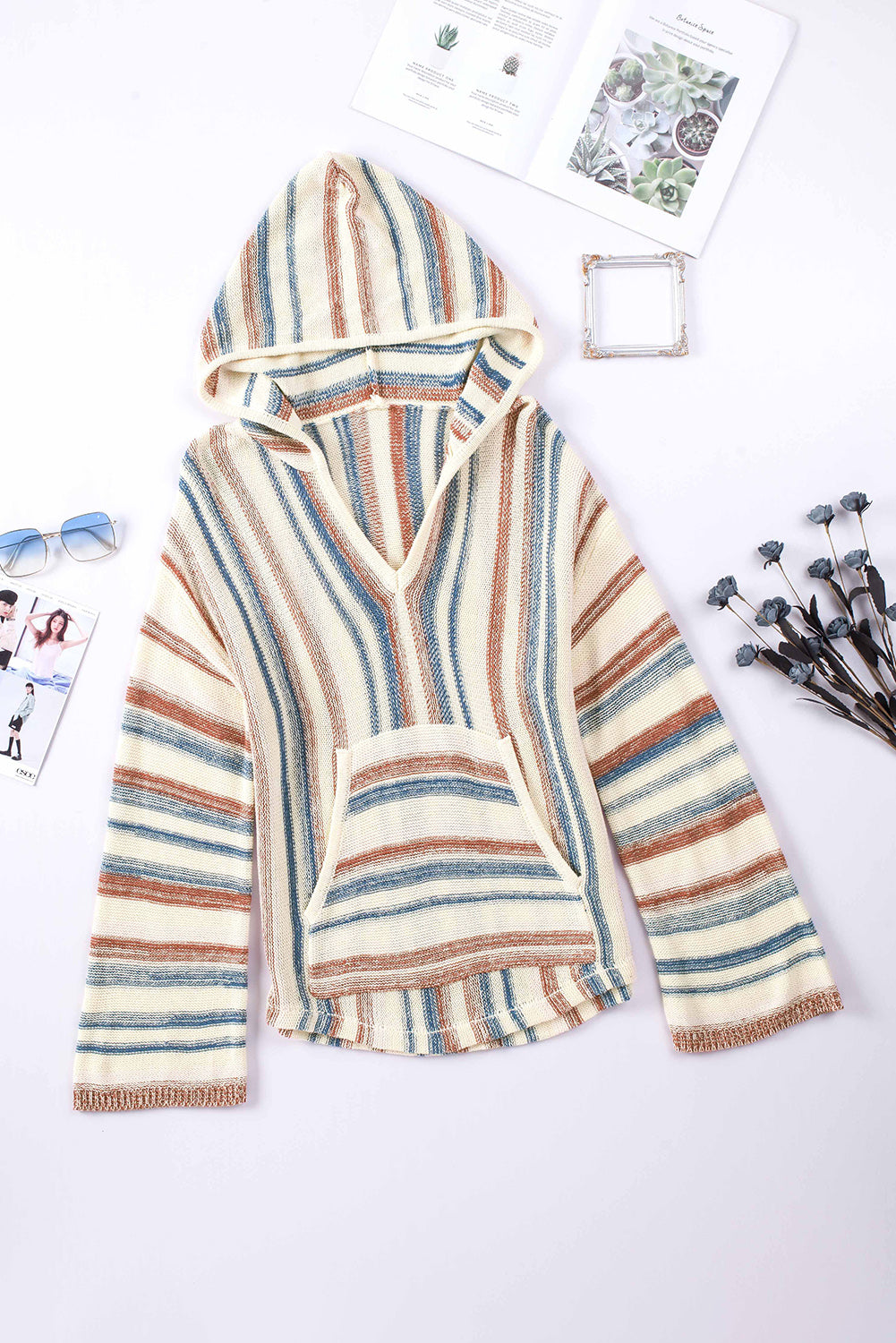 Multicolor Striped Knit Kangaroo Pocket Hooded Sweater Sweaters & Cardigans JT's Designer Fashion