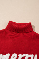 Racing Red Merry Graphic Sequin Sleeves Christmas Turtleneck Sweater Sweaters JT's Designer Fashion