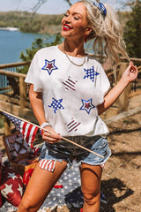 White USA Sequin Stars Patched Casual T Shirt Graphic Tees JT's Designer Fashion