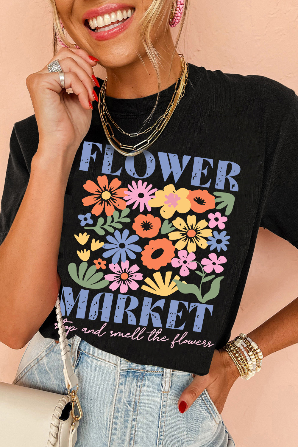 Black FLOWER MARKET Cotton Blend T Shirt Graphic Tees JT's Designer Fashion