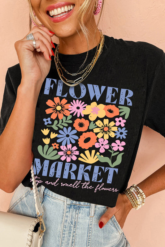 Black FLOWER MARKET Cotton Blend T Shirt Graphic Tees JT's Designer Fashion
