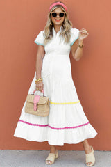 White Colorblock Rickrack Trim Short Sleeve Drawstring Waist Long Dress Maxi Dresses JT's Designer Fashion
