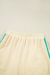 White Contrast Trim Colorblock Long Sleeve Pullover and Drawstring Shorts 2pcs Outfit Short Sets JT's Designer Fashion
