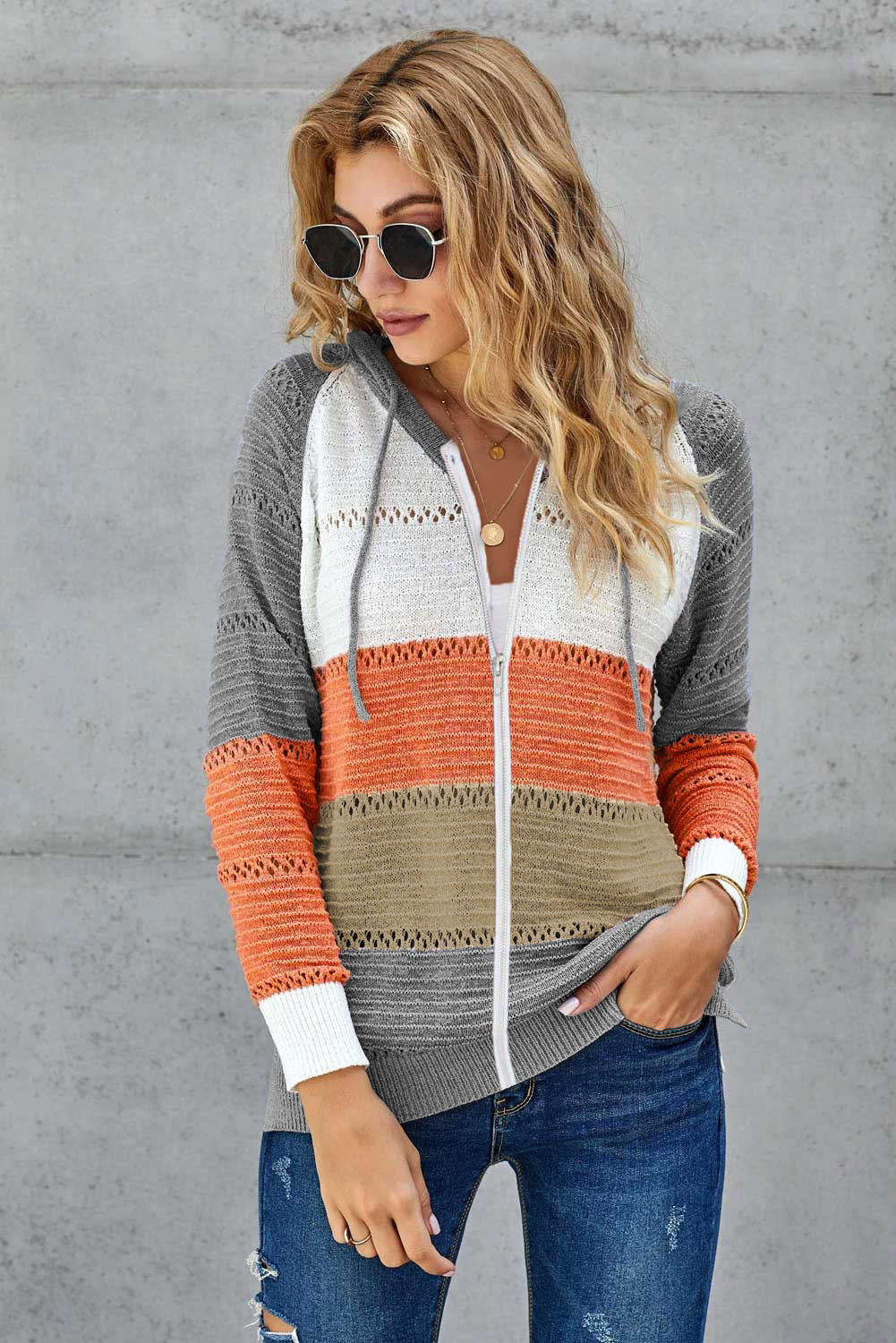 Gray Zipped Front Colorblock Hollow-out Knit Hoodie Sweatshirts & Hoodies JT's Designer Fashion