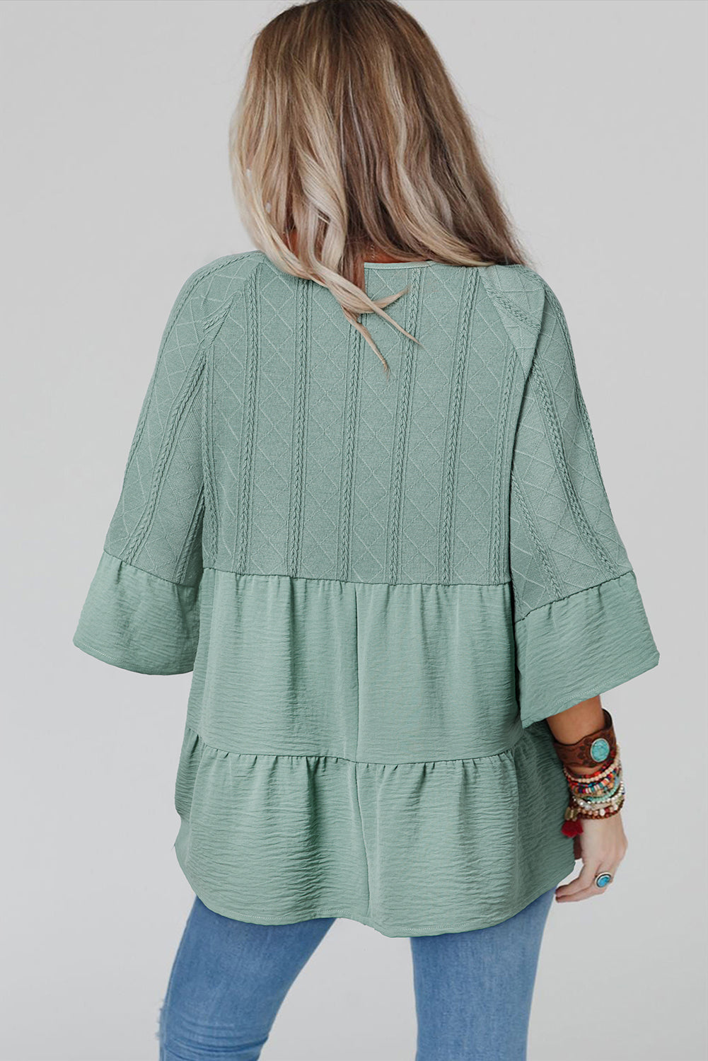 Laurel Green Tie Split Neck Textured Ruffle Patchwork Blouse Blouses & Shirts JT's Designer Fashion