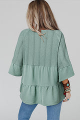 Laurel Green Tie Split Neck Textured Ruffle Patchwork Blouse Blouses & Shirts JT's Designer Fashion