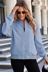 Myosotis Solid Textured Stand Neck Zipper Bomber Jacket Jackets JT's Designer Fashion