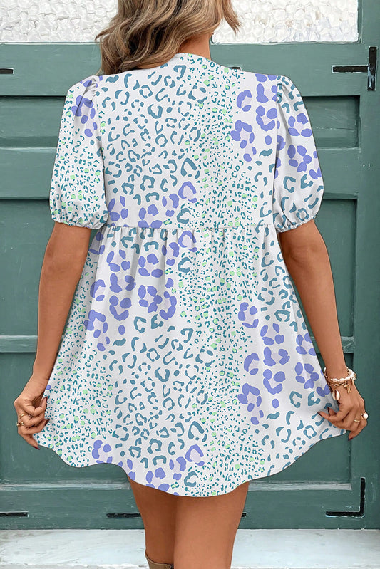 Sky Blue Leopard Contrast Bow Puff Sleeve Mini Dress Mini Dresses JT's Designer Fashion