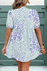 Sky Blue Leopard Contrast Bow Puff Sleeve Mini Dress Mini Dresses JT's Designer Fashion