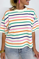 Beige Stripe Dropped Short Sleeve Boxy Fit Knitted Top Sweaters & Cardigans JT's Designer Fashion