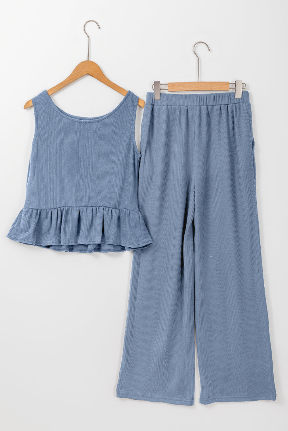 Beau Blue Solid Color Ribbed Ruffle Tank Top and Pants Set Pant Sets JT's Designer Fashion