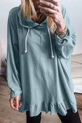 Iceland Blue Solid Ruffled Hem Loose Fit Tunic Hoodie Sweatshirts & Hoodies JT's Designer Fashion