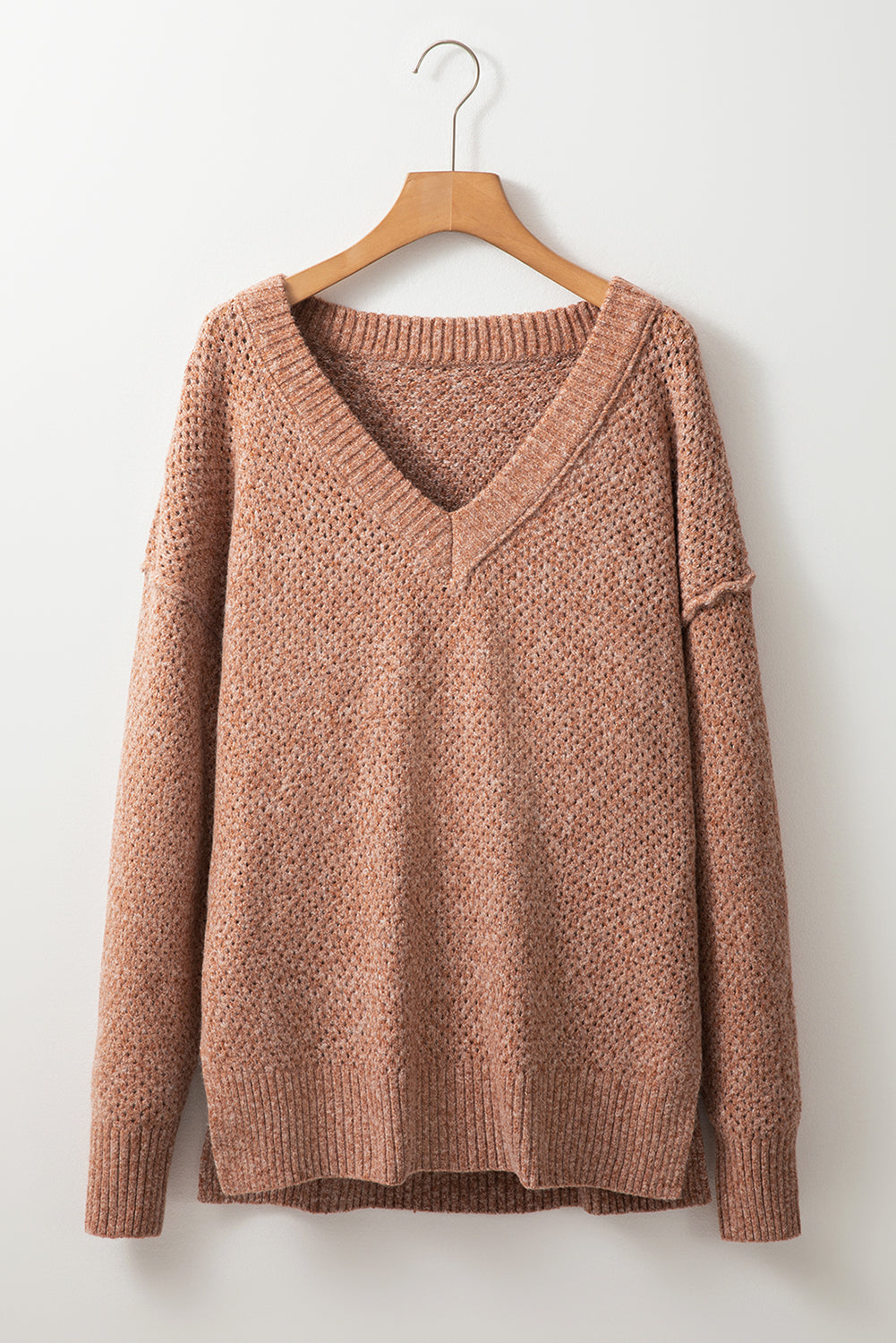 Dark Brown Loose Eyelet V Neck Drop Shoulder Sweater Sweaters JT's Designer Fashion