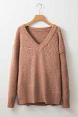 Dark Brown Loose Eyelet V Neck Drop Shoulder Sweater Sweaters JT's Designer Fashion