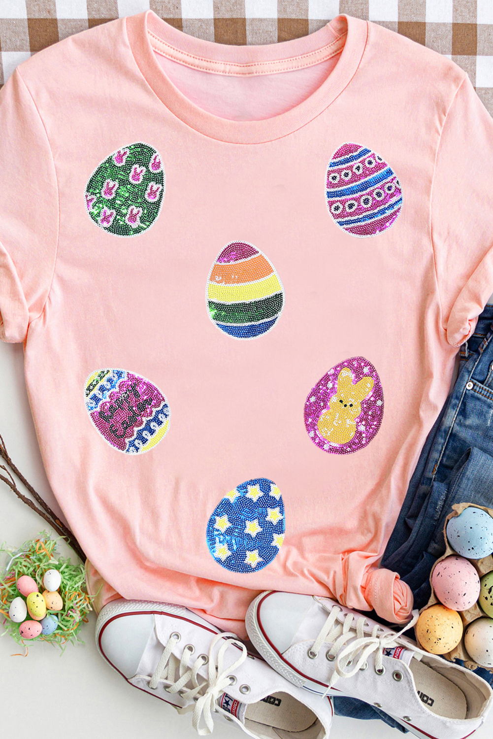 Pink Sequin Easter Eggs Graphic Crewneck T Shirt Graphic Tees JT's Designer Fashion