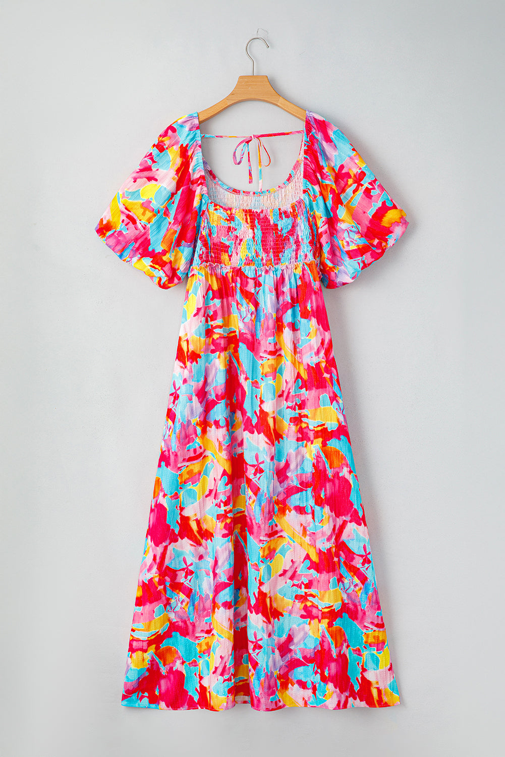 Rose Abstract Printed Puff Sleeve Square Neck Smocked Bust Tied Back Plus Size Dress Plus Size Maxi Dresses JT's Designer Fashion