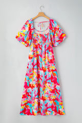 Rose Abstract Printed Puff Sleeve Square Neck Smocked Bust Tied Back Plus Size Dress Plus Size Maxi Dresses JT's Designer Fashion