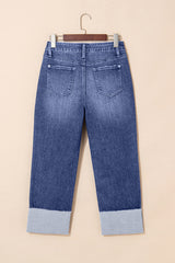 Real Teal Folded Cuffs Distressed Straight High Waist Jeans Jeans JT's Designer Fashion