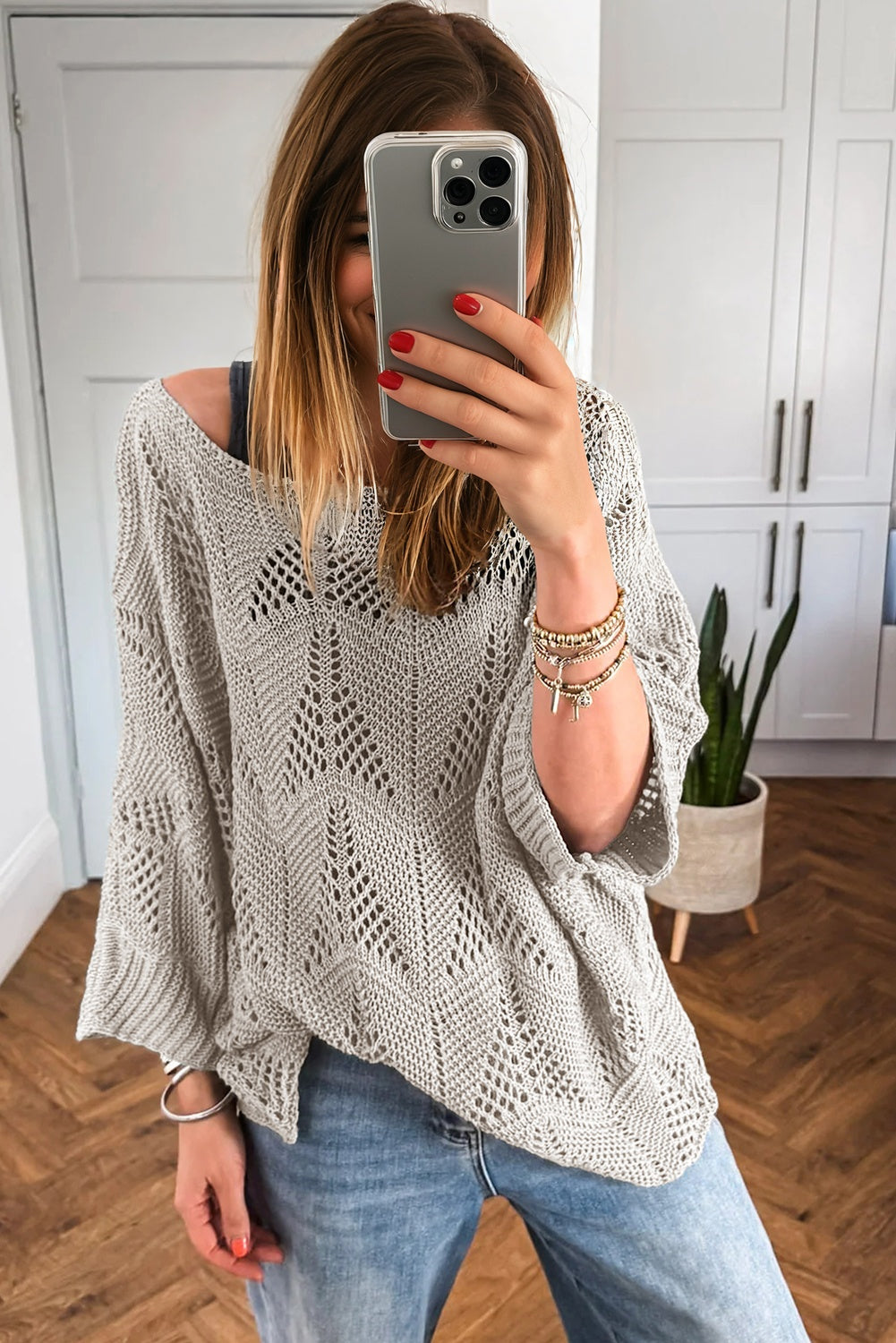 Seagrass Hollow Out Knit 7/8 Sleeve Casual Sweater Sweaters JT's Designer Fashion