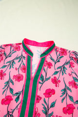 Pink Floral Contrast Neckline A-line Puff Sleeve Long Dress Maxi Dresses JT's Designer Fashion