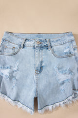 Beau Blue High Rise Distressed Raw Hem Denim Shorts Denim Shorts JT's Designer Fashion