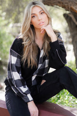 Black Checkboard Patchwork Exposed Stitching Collared Top Long Sleeve Tops JT's Designer Fashion