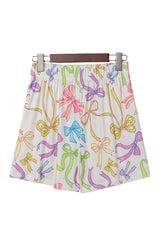 White Cheerful Bow Print Elastic Pull On Casual Shorts Casual Shorts JT's Designer Fashion