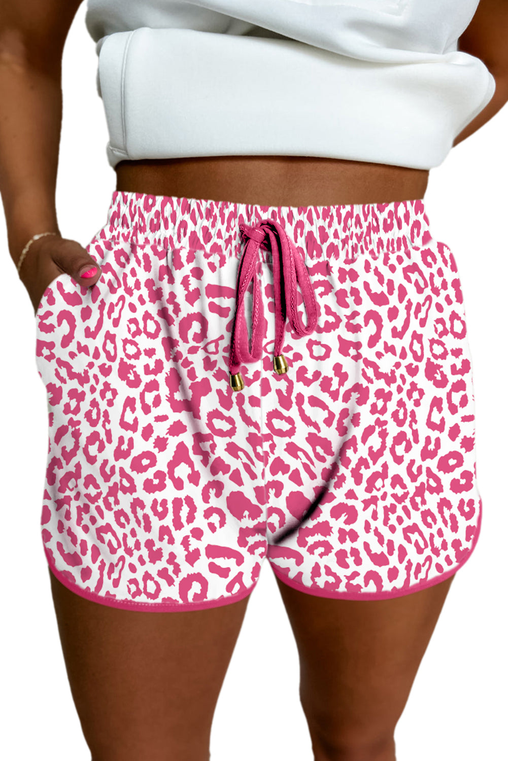 Pink Leopard Elastic Waist Lace up Contrast Trim Casual Shorts Casual Shorts JT's Designer Fashion