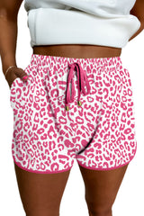 Pink Leopard Elastic Waist Lace up Contrast Trim Casual Shorts Casual Shorts JT's Designer Fashion