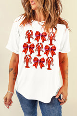 White Crawfish Bow Printed Casual T Shirt Graphic Tees JT's Designer Fashion
